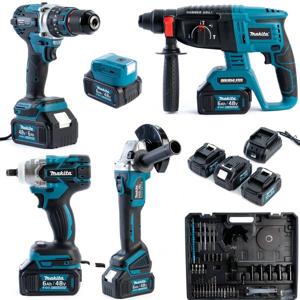 Набор 5в1 Makita 48V - 3 шт АКБ (Шуруповерт, Болгарка, Гайковерт, Перфоратор, Фонарь с Повербанком)