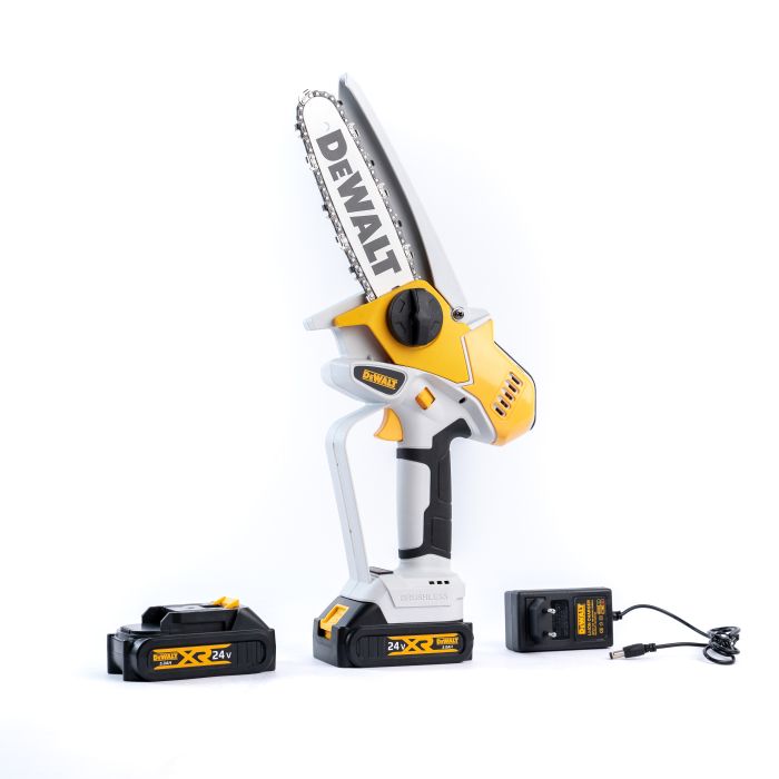 Бесщеточная аккумуляторная цепная мини-пила DeWalt DCM2000 (24V, 5AH) Пила Деволт с шиной 15 см с двумя акб