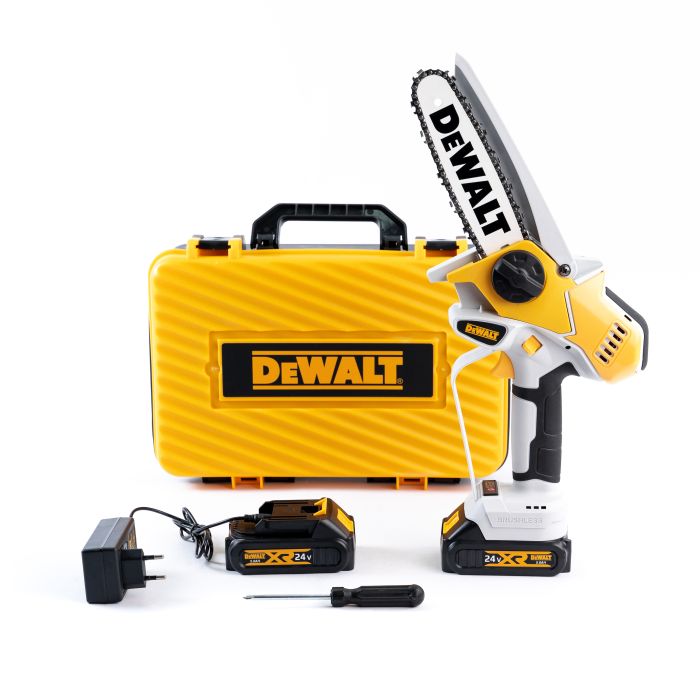 Бесщеточная аккумуляторная цепная мини-пила DeWalt DCM2000 (24V, 5AH) Пила Деволт с шиной 15 см с двумя акб