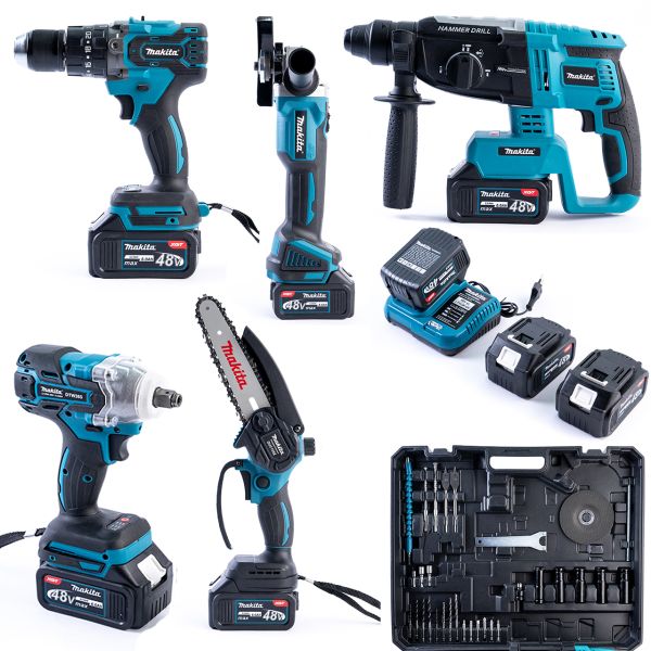 Набор 5в1 Makita 48V - 3 шт АКБ (Шуруповерт, Болгарка, Гайковерт, Перфоратор, Мини пила) Набор АКБ Макита
