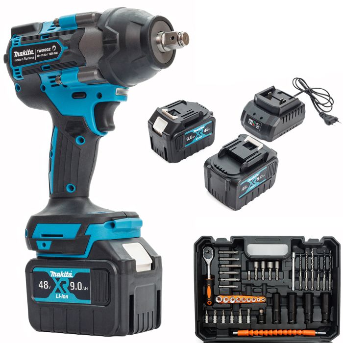 Аккумуляторный бесщеточный ударный гайковерт Makita TW002GZ 1000Hm (48V, 9AH) с набором головок Макита
